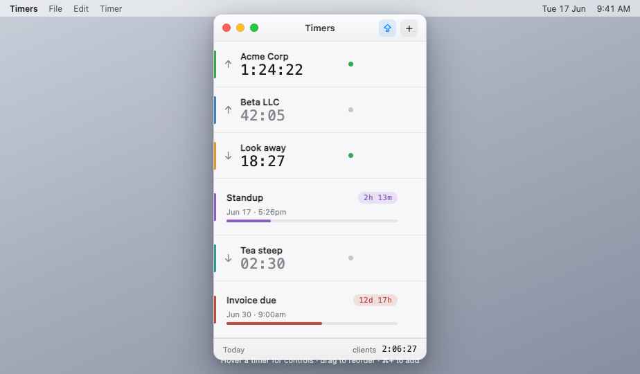 The Multi-Timer panel showing stopwatches, a countdown timer, and date countdowns with a totals footer.